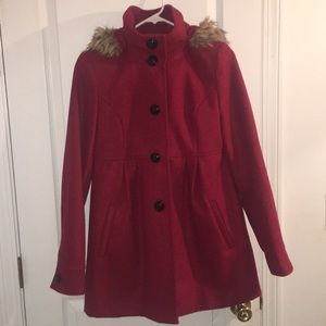 Deep red peacoat with faux fur hood